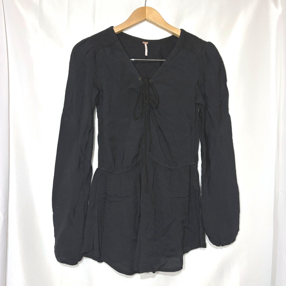 Free People Black Lace Up V-Neck Tunic Peplum Long Sleeve Top XS